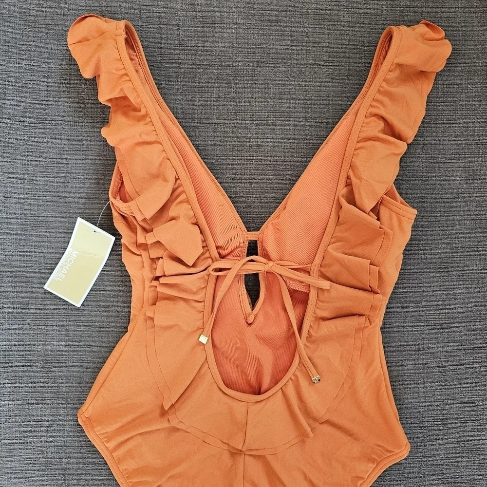 Michael Kors Women's Orange v neck Ruffle One Piece Swimsuit Size 8